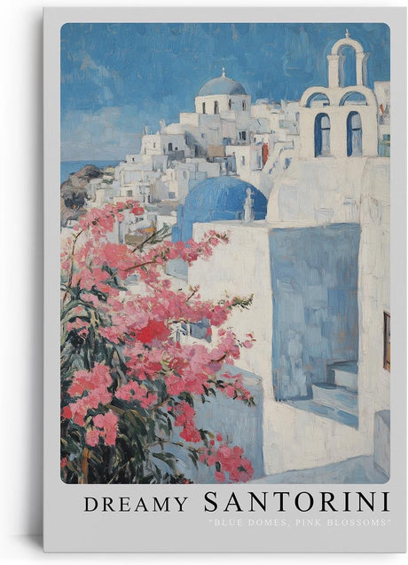 Paul Sinus Leinwandbild 60x90cm Traumhaftes Santorini – Weiß-blaue Architektur mit rosa Blüten und mediterraner Leichtigkeit