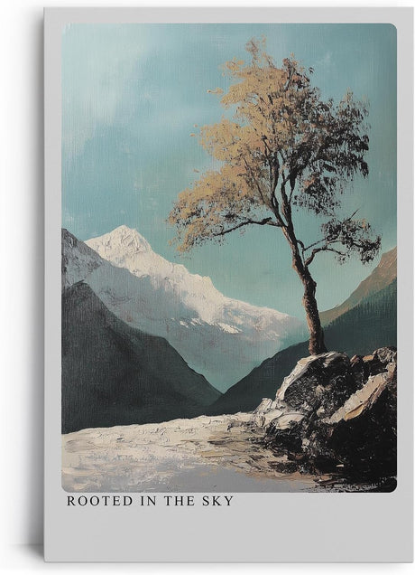 Paul Sinus Leinwandbild 60x90cm Verwurzelt im Himmel – Einsamer Baum auf felsiger Anhöhe mit Berglandschaft und impressionistischer Textur
