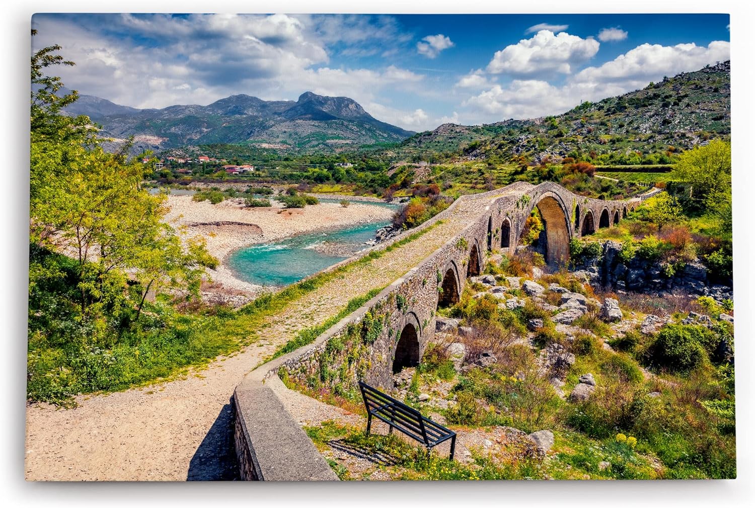 Paul Sinus Wandbild 120x80cm Alte Scheinbrücke Fluss Natur Berge Bergfluss