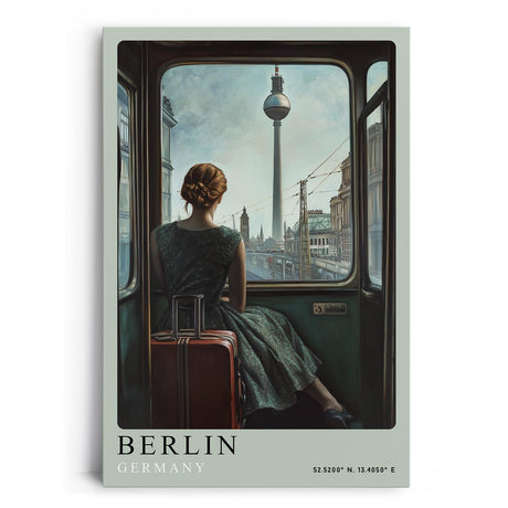 Paul Sinus Leinwandbild 40x60cm Leinwandbild Berlin Nostalgie Retro Zugreise Fernsehturm Stadtblick Vintage Atmosphäre Vergangenheit Zukunft Sehnsucht