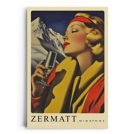 Paul Sinus Leinwandbild 40x60cm Leinwandbild Retro Lady Zermatt Alpen Eleganz Vintage Stil Genuss Kunst Schweiz stilvolle Berglandschaft Nostalgie