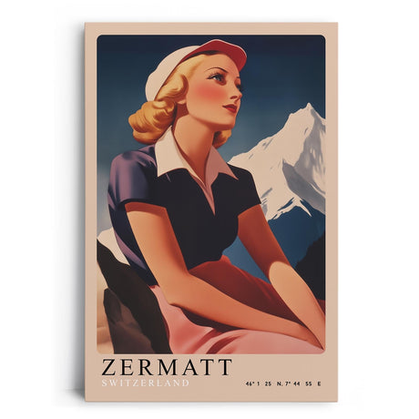 Paul Sinus Leinwandbild 80x120cm Leinwandbild Retro Lady Zermatt Alpen Vintage Reiselust Schweiz Nostalgie stilvolle Eleganz Kunstmotiv Berglandschaft