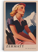 Paul Sinus Leinwandbild 80x120cm Leinwandbild Retro Lady Zermatt Alpen Vintage Reiselust Schweiz Nostalgie stilvolle Eleganz Kunstmotiv Berglandschaft