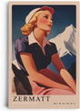 Paul Sinus Leinwandbild 80x120cm Leinwandbild Retro Lady Zermatt Alpen Vintage Reiselust Schweiz Nostalgie stilvolle Eleganz Kunstmotiv Berglandschaft