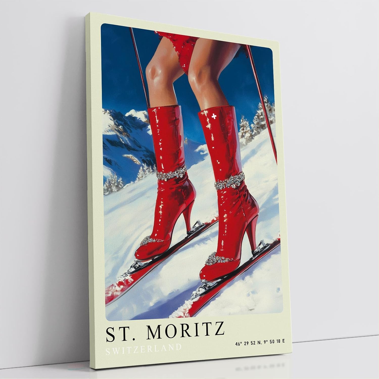 Paul Sinus Leinwandbild 80x120cm Leinwandbild St. Moritz Glamour Skifahren Wintermode luxuriöse Eleganz extravagante Ästhetik stilvolle Kunst alpine Fashion