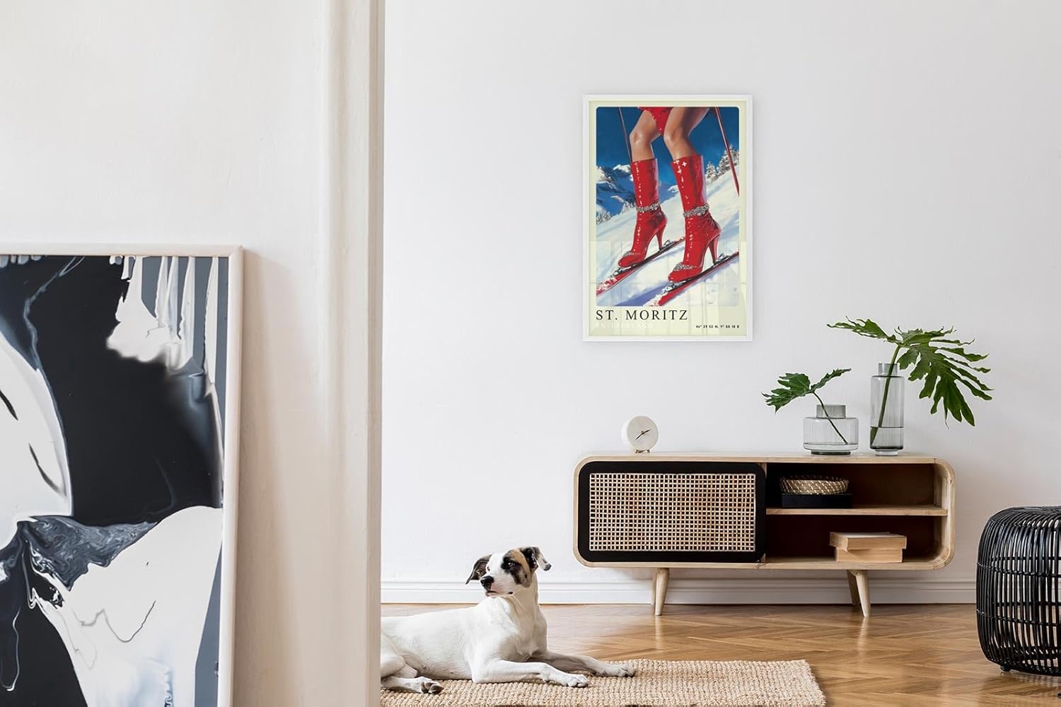 Paul Sinus Leinwandbild 80x120cm Leinwandbild St. Moritz Glamour Skifahren Wintermode luxuriöse Eleganz extravagante Ästhetik stilvolle Kunst alpine Fashion