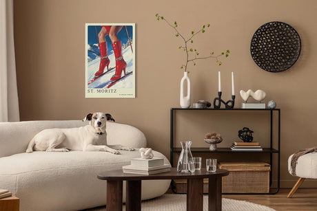 Paul Sinus Leinwandbild 80x120cm Leinwandbild St. Moritz Glamour Skifahren Wintermode luxuriöse Eleganz extravagante Ästhetik stilvolle Kunst alpine Fashion