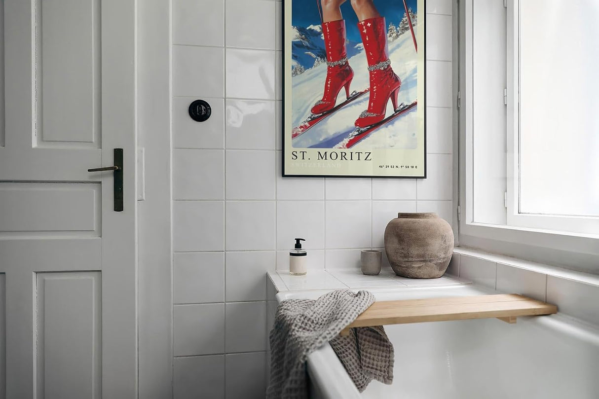Paul Sinus Leinwandbild 80x120cm Leinwandbild St. Moritz Glamour Skifahren Wintermode luxuriöse Eleganz extravagante Ästhetik stilvolle Kunst alpine Fashion