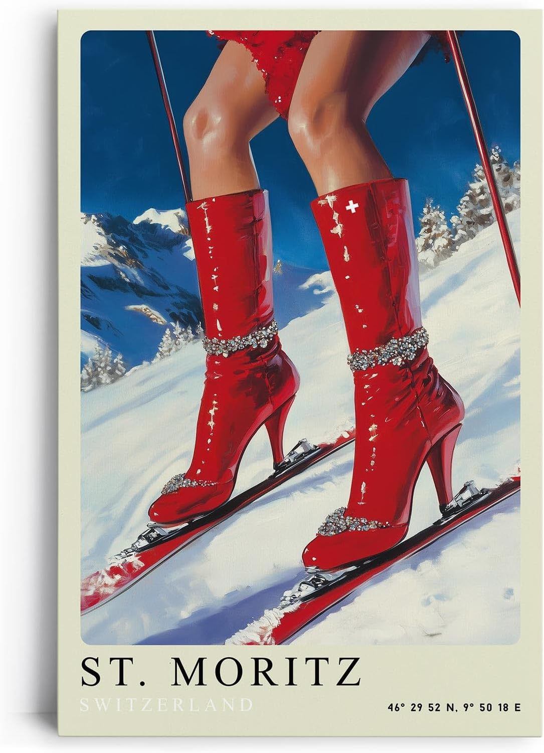Paul Sinus Leinwandbild 80x120cm Leinwandbild St. Moritz Glamour Skifahren Wintermode luxuriöse Eleganz extravagante Ästhetik stilvolle Kunst alpine Fashion