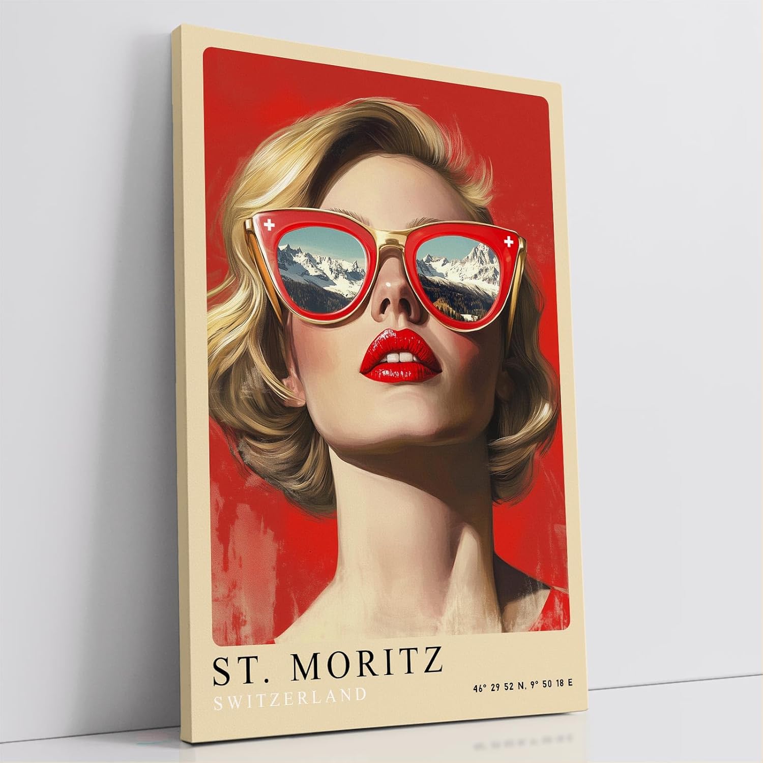 Paul Sinus Leinwandbild 60x90cm Leinwandbild St. Moritz Retro Kunst Alpen Eleganz moderne Ästhetik stilvolle Fashion Ikone Schweizer Luxus