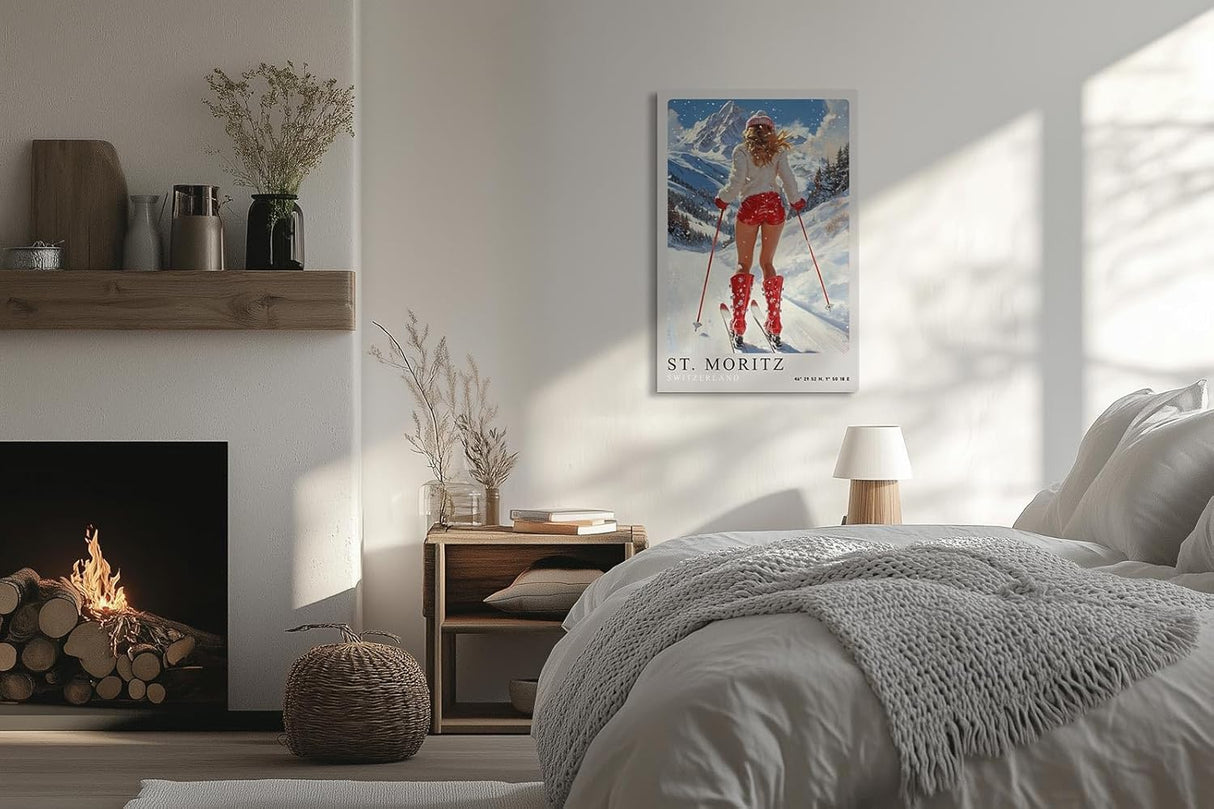 Paul Sinus Leinwandbild 60x90cm Leinwandbild St. Moritz Skifahren Winterzauber Alpen stilvolle Eleganz sportliche Ästhetik luxuriöser Lifestyle Retro