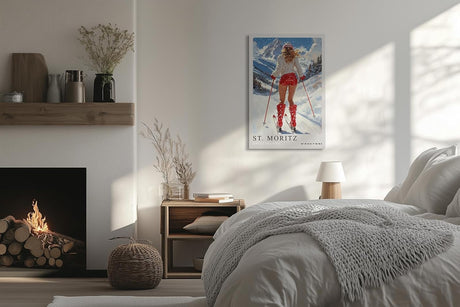 Paul Sinus Leinwandbild 60x90cm Leinwandbild St. Moritz Skifahren Winterzauber Alpen stilvolle Eleganz sportliche Ästhetik luxuriöser Lifestyle Retro
