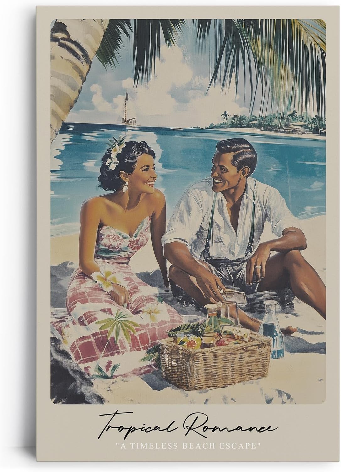 Paul Sinus Leinwandbild 40x60cm Leinwandbild Tropical Romance Retro Strand Nostalgie Sommer Liebe exotische Idylle stilvolle Kunst tropische Ästhetik