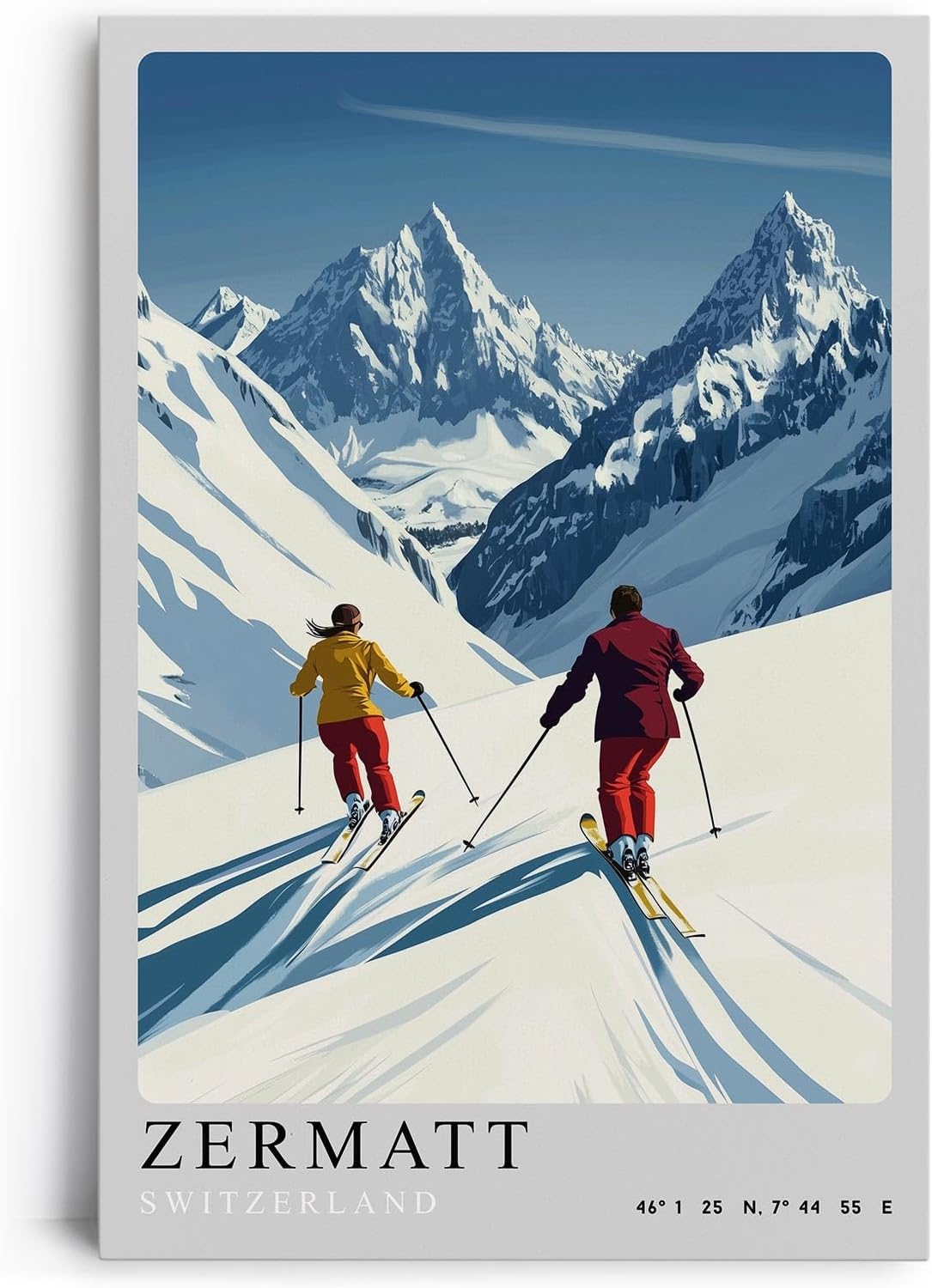 Paul Sinus Leinwandbild 60x90cm Leinwandbild Zermatt Skifahren Alpen Winterzauber Retro Stil sportliche Eleganz Schneelandschaft Reiselust stilvolle Kunst