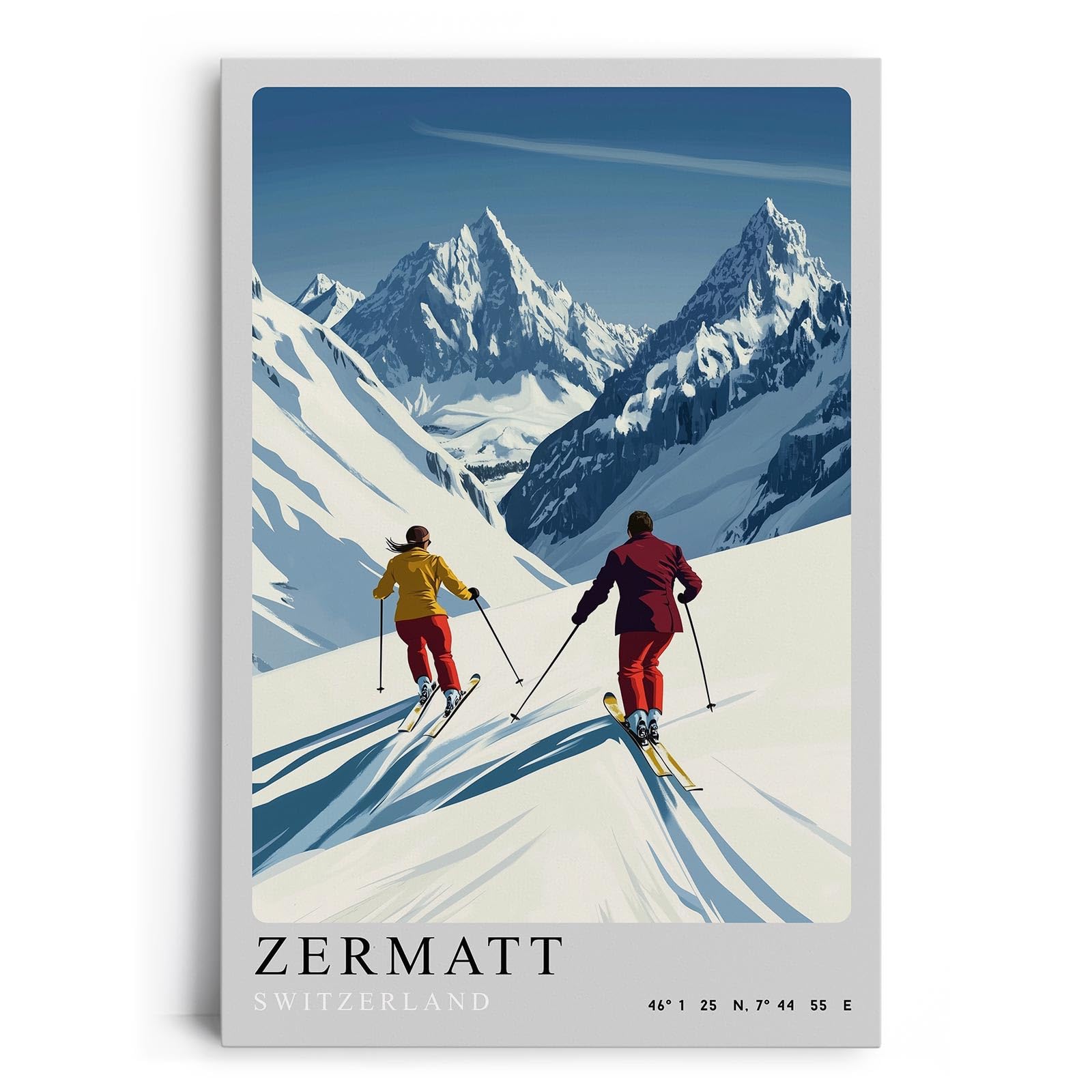 Paul Sinus Leinwandbild 60x90cm Leinwandbild Zermatt Skifahren Alpen Winterzauber Retro Stil sportliche Eleganz Schneelandschaft Reiselust stilvolle Kunst