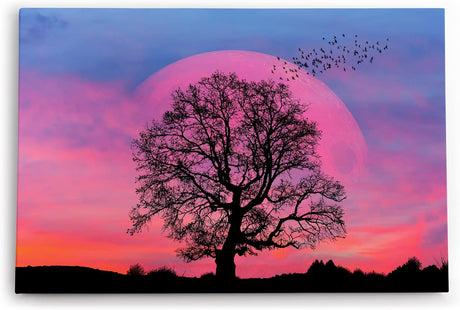 Paul Sinus Wandbild 120x80cm Baum Vollmond Nacht Fantasievoll Vögel Rosa