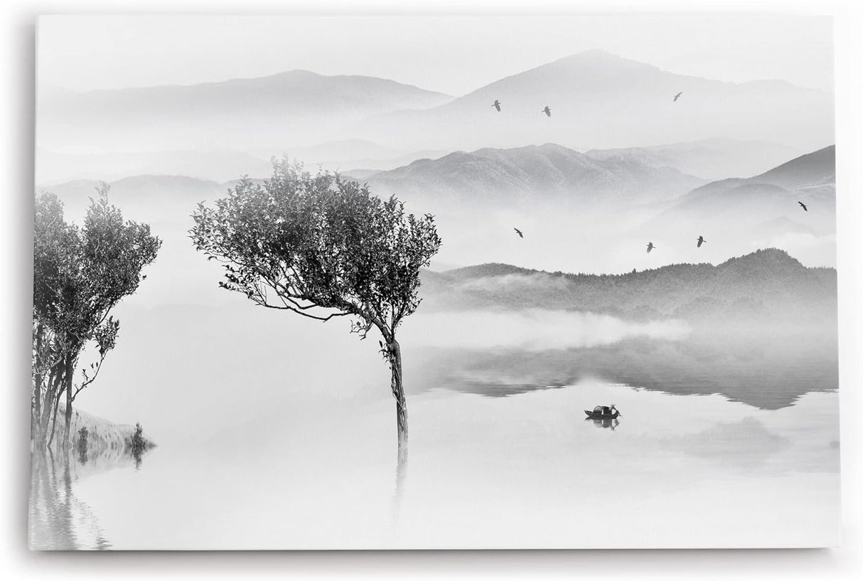 Paul Sinus Wandbild 120x80cm Berge See Fischerboot Schwarz Weiß Baum Kunstvoll