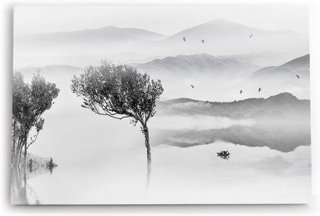Paul Sinus Wandbild 120x80cm Berge See Fischerboot Schwarz Weiß Baum Kunstvoll