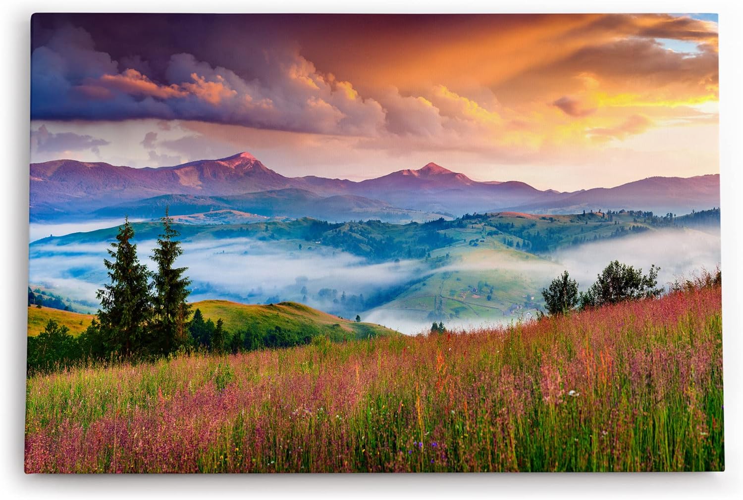 Paul Sinus Wandbild 120x80cm Bergtal Berge Berglandschaft Nebel Natur Blumenwiese