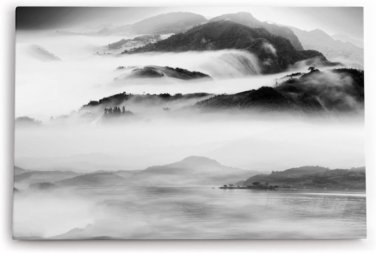 Paul Sinus Wandbild 120x80cm Chinesisch Berglandschaft Berge Fluss Nebel Schwarz Weiß