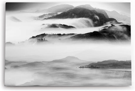 Paul Sinus Wandbild 120x80cm Chinesisch Berglandschaft Berge Fluss Nebel Schwarz Weiß