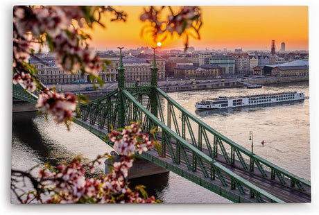 Paul Sinus Wandbild 120x80cm Freiheitsbrücke Budapest Ungarn Kanal Schiffe Sonnenuntergang