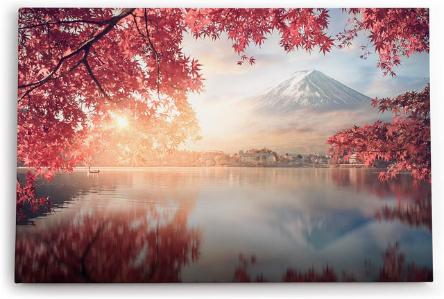Paul Sinus Wandbild 120x80cm Japan Fuji Berg Baumkrone Herbstblätter Fischerboot