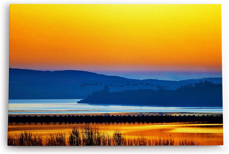 Paul Sinus Wandbild 120x80cm Landschaftsbild See roter Himmel Abendröte Vögel Natur