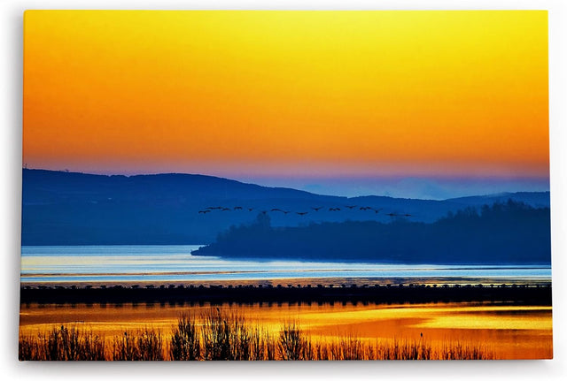 Paul Sinus Wandbild 120x80cm Landschaftsbild See roter Himmel Abendröte Vögel Natur