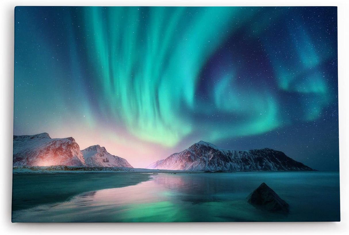 Paul Sinus Wandbild 120x80cm Norwegen Berge Polarlichter Sternenhimmel Nacht