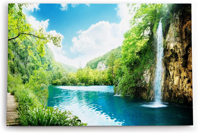 Paul Sinus Wandbild 120x80cm See Wasserfall Natur Berge Wald Sommer