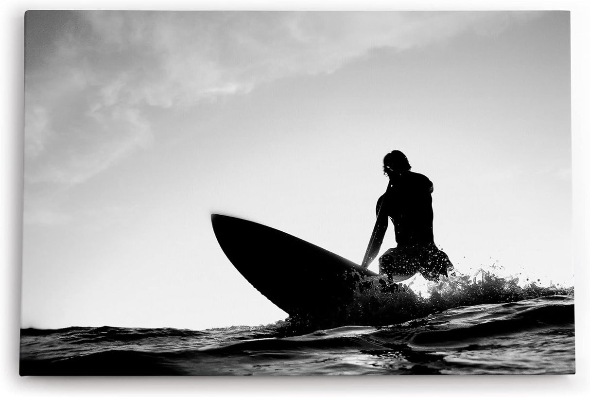 Paul Sinus Wandbild 120x80cm Surfer Surfbrett Schwarz Weis Ozean Wellen Fotokunst