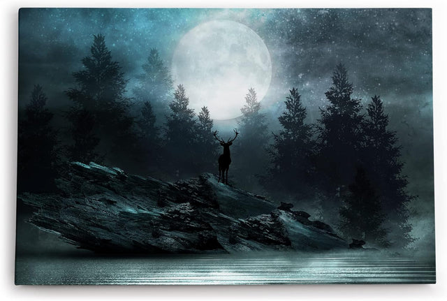Paul Sinus Wandbild 120x80cm Vollmond Sternenhimmel Nacht Hirsch Finster