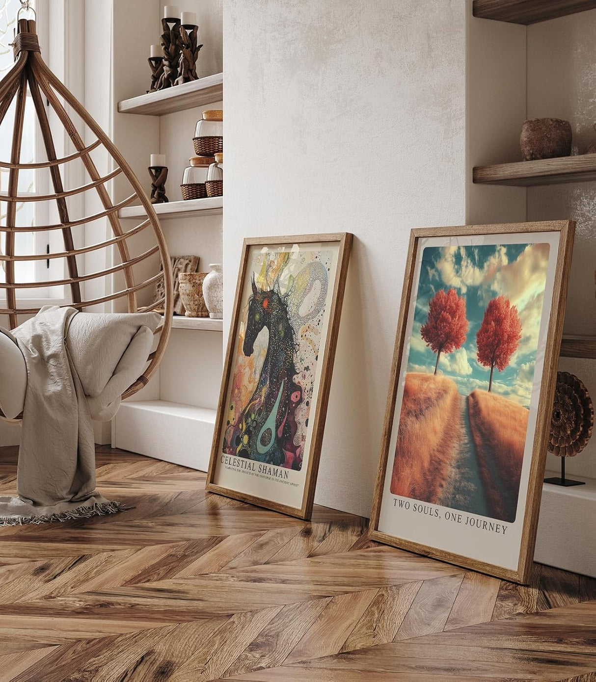 Paul Sinus Leinwandbild 80x120cm Zwei Seelen, eine Reise – Symbolische Landschaft mit goldenem Weg, herbstlichen Bäumen und traumhafter Stimmung