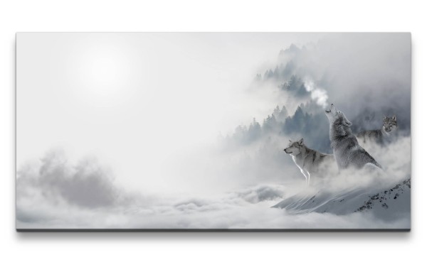 Leinwandbild 120x60cm Wölfe Wolfsrudel Rudel Wild Wildnis Kunstvoll Mystisch