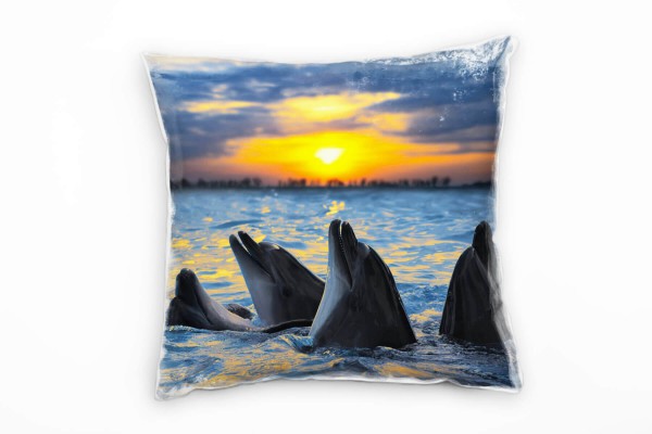Tiere, grau, orange, Delphine im Sonnenuntergang Deko Kissen 40x40cm für Couch Sofa Lounge Zierkisse