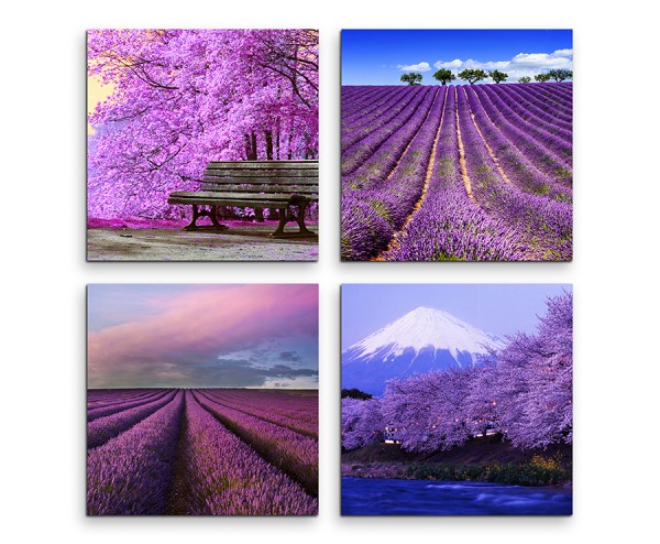4 teiliges Leinwandbild je 30x30cm - Lavendelfeld Fuji Japan Sommer