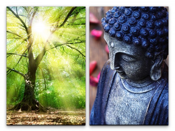 2 Bilder je 60x90cm Baum Wiedergeburt Buddha Kraft Meditation warmes Licht positive Energie