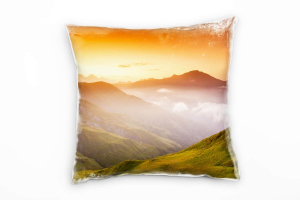 Landschaft, grün, orange, Wiese, Sonnenaufgang, Georgia Deko Kissen 40x40cm für Couch Sofa Lounge Zi