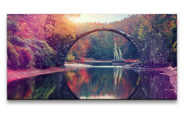 Leinwandbild 120x60cm Brücke Steinbrücke Natur Fluss Herbst Schön Herr der Ringe