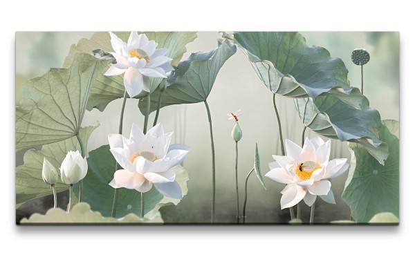 Leinwandbild 120x60cm Lotus Blumen Wasser Teich Natur Schön Kunstvoll
