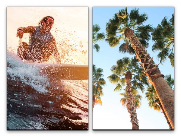 2 Bilder je 60x90cm Surfer Palmen Meer Wellen Sommer Surfbrett Urlaub