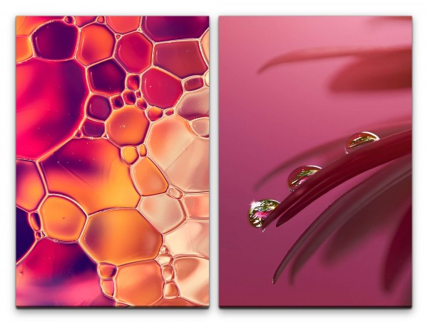 2 Bilder je 60x90cm Blume Wasserblasen Kunstvoll Farbenfroh Wassertropfen Sanft Makrofotografie