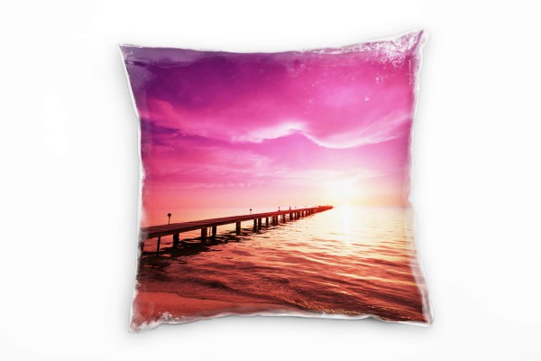 Strand und Meer, pink, orange, Sonnenuntergang, Steg Deko Kissen 40x40cm für Couch Sofa Lounge Zierk