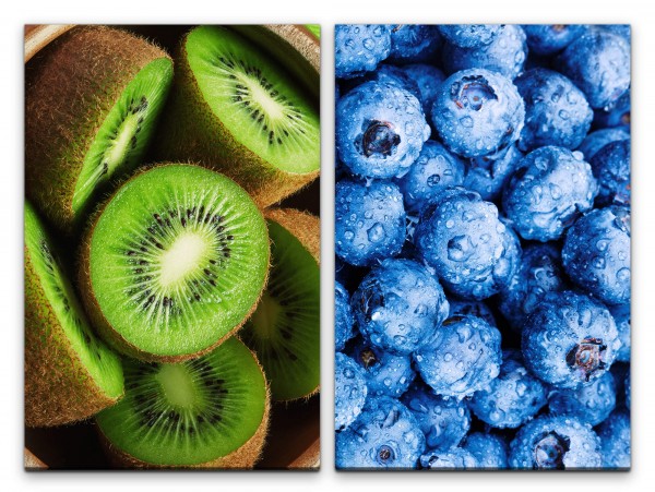 2 Bilder je 60x90cm Kiwis Blaubeeren Wassertropfen Frisch Früchte Lecker Küche