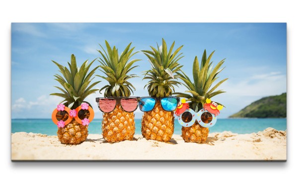 Leinwandbild 120x60cm Sommer Sonnenschein Strand Meer Ananas Sonnenbrille