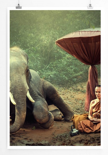 Bild  Meditierender Mönch mit Elefant 60x90cm Poster