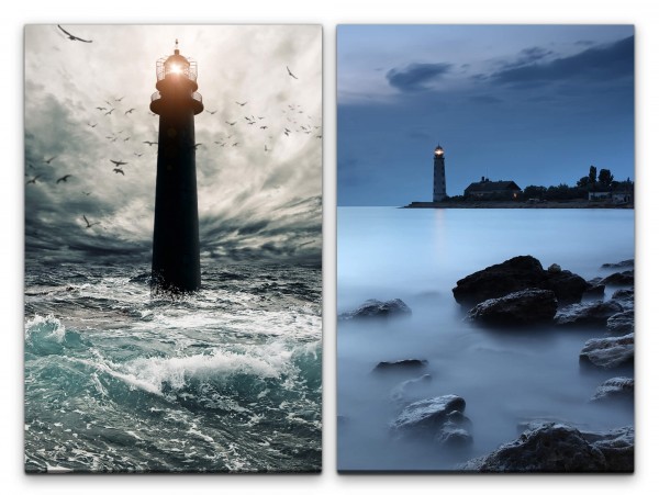 2 Bilder je 60x90cm Leuchtturm stürmisches Meer Sturm Mystisch Küste Norden Wellen