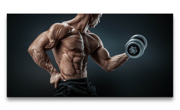 Leinwandbild 120x60cm Bodybuilder Hantel Muskeln Kraft Fitness Sixpack Training Motivation