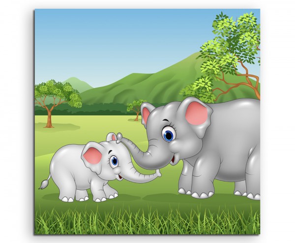 Cartoon Zeichnung – Elefantenmutter mit Elefantenbaby auf Leinwand